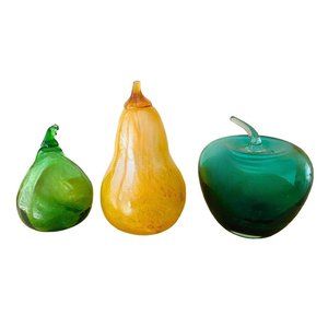Vintage Blown Glass Fruit Murano Style Pear Apple Set Of 3 Teal Green Gold